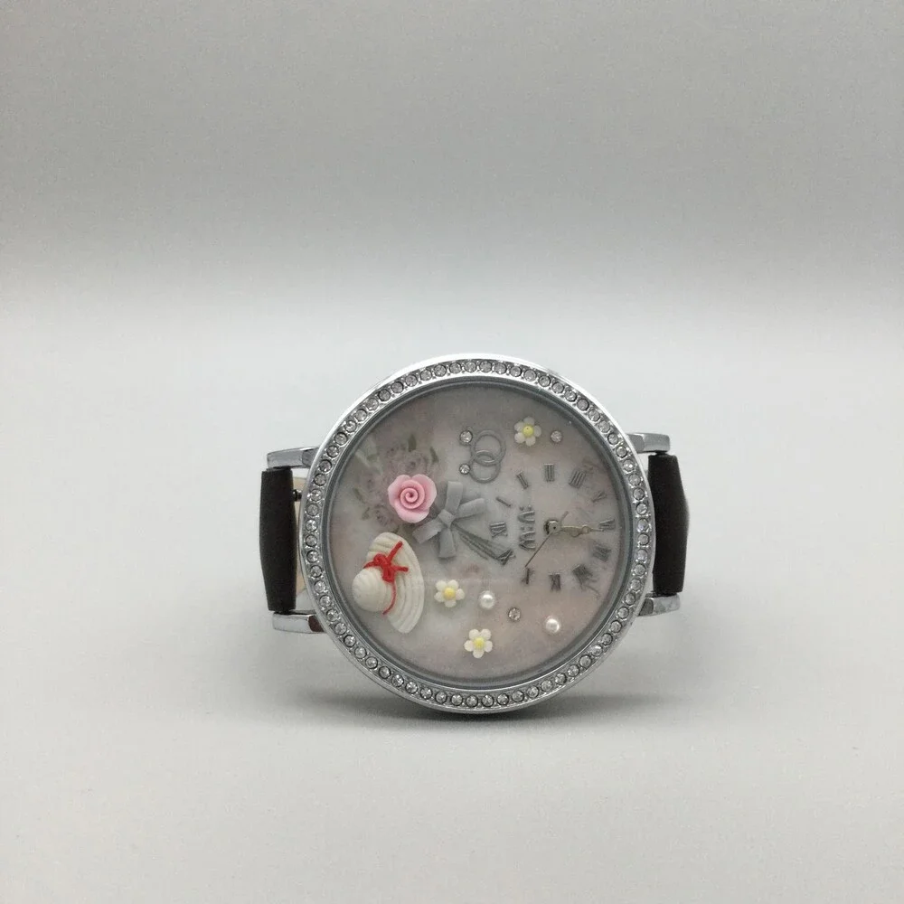 Mini Womens Watch 40mm Multicolor 3D Dial Floral Crystals Leather New Battery